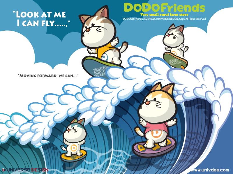 Cat NADOO is flying and surfing in the sea with friends. “Everyone look at me, I’m flying!”