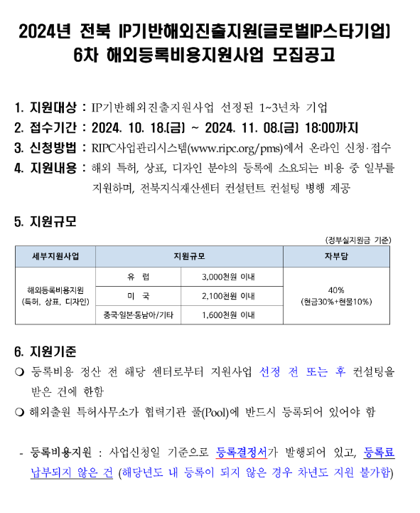 [전북] 2024년 6차 IP기반 해외진출지원(글로벌IP스타기업) 해외등록비용지원사업 모집 공고