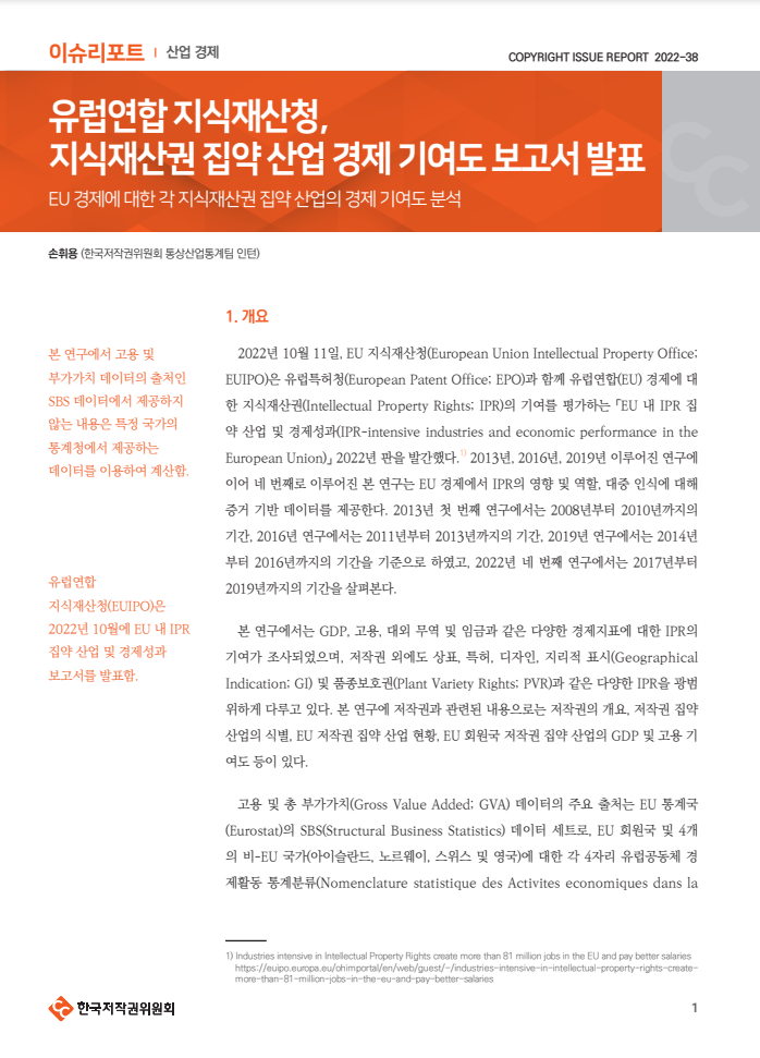 이슈리포트 | 산업 경제 | 유럽연합 지식재산청, 지식재산권 집약 산업 경제 기여도 보고서 발표 | COPYRIGHT ISSUE REPORT 2022-38 | 손휘용 (한국저작권위원회 통상산업통계팀 인턴) | 표지