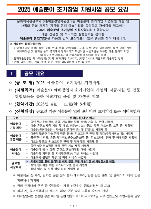 2025 예술분야 초기창업 지원사업 공모