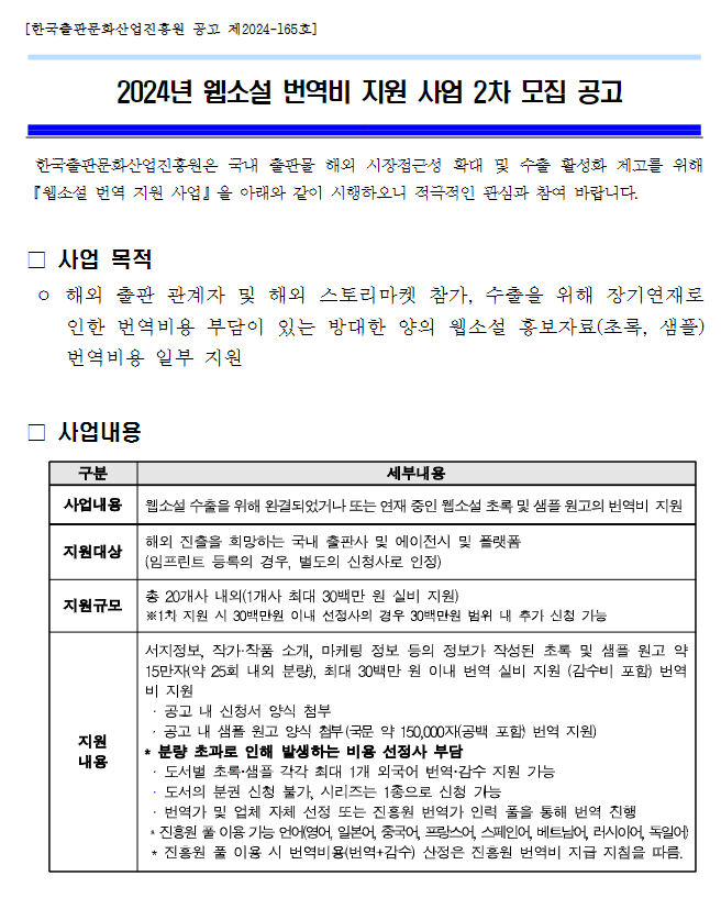 2024년 웹소설 번역비 지원 사업 2차 모집 공고