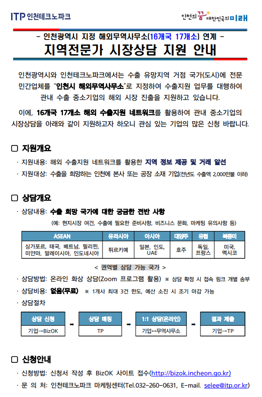 인천광역시 지정 해외무역사무소 연계 지역전문가 시장상담 지원사업 모집 공고