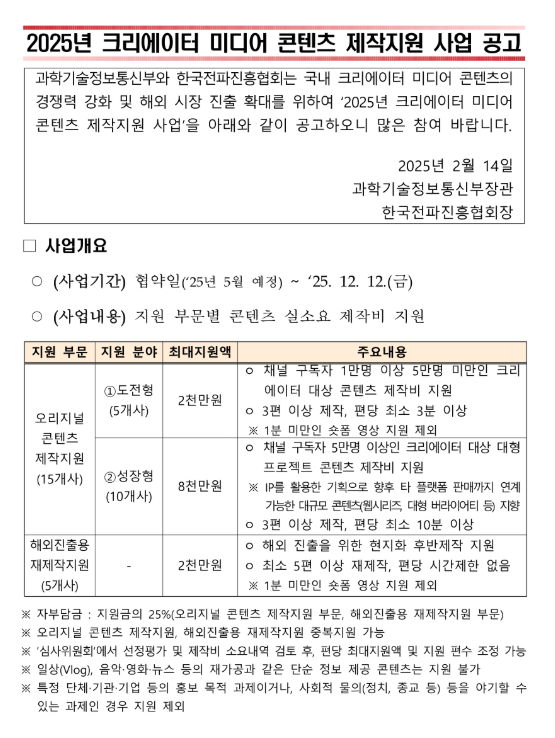 2025년 크리에이터 미디어 콘텐츠 제작지원 사업 공고