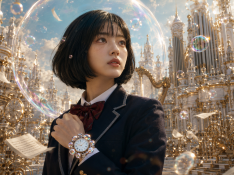 A main visual depicting EL’s journey into a fantasy world of music and magical bubbles, guided by a mysterious watch.