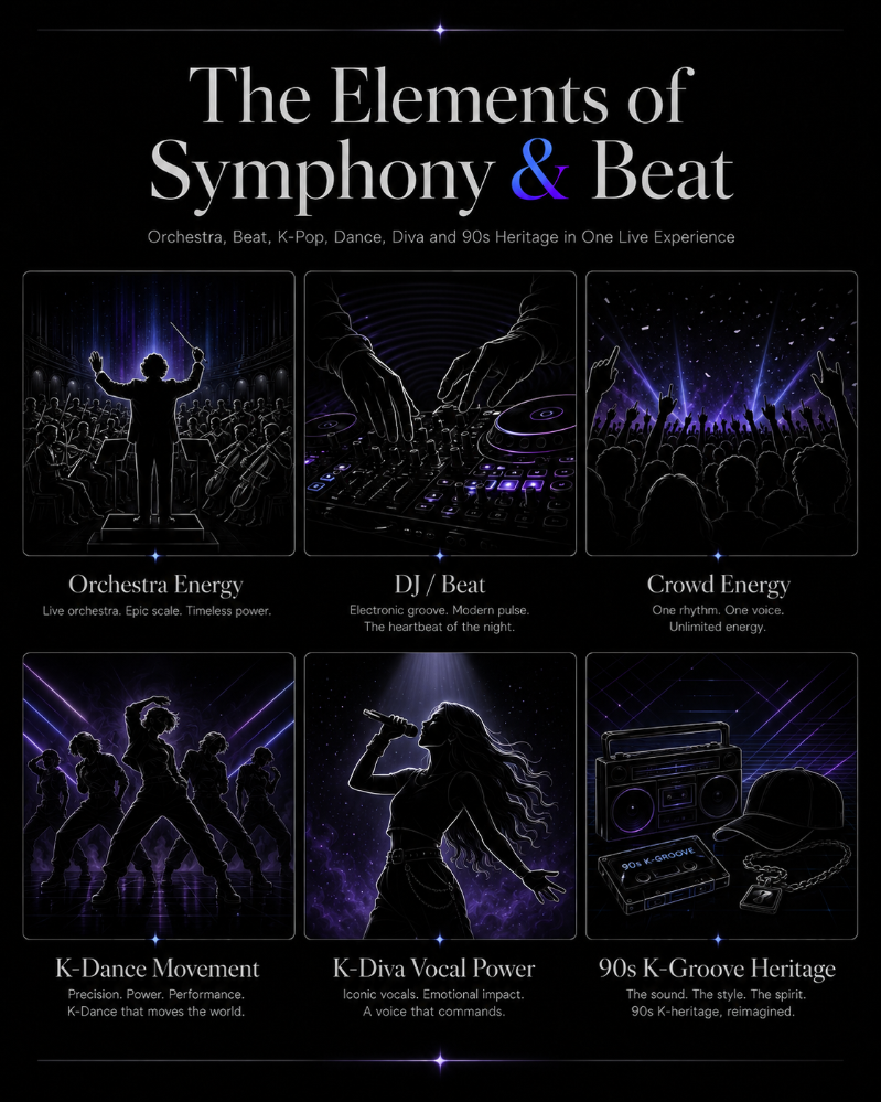 Core elements of Symphony & Beat, combining orchestral energy, DJ-driven beats, and crowd energy into one immersive live experience.