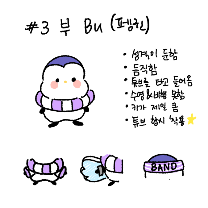 BU is a member of FOR YOU FAMILY, a character universe featuring four friends: BU the penguin, EASY the baby, RON the hamster, and DAL the dog. Although they are all different in species, appearance, and personality, the four characters come together as one family and share everyday adventures. Within the group, BU stands out for his large build, signature swim ring around his neck, and the unexpected fact that he is a penguin who cannot swim. Each character has a distinct identity while revealing new sides of themselves through their relationships and interactions with one another. FOR YOU FAMILY is a multi-character IP designed to expand across storytelling, merchandise, collaborations, and licensing opportunities.