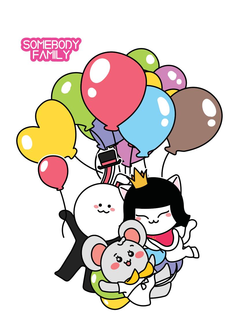 An illustration of the “Somebody Family” characters floating together with colorful balloons, expressing the cheerful and warm character universe of the Somebody Family IP.