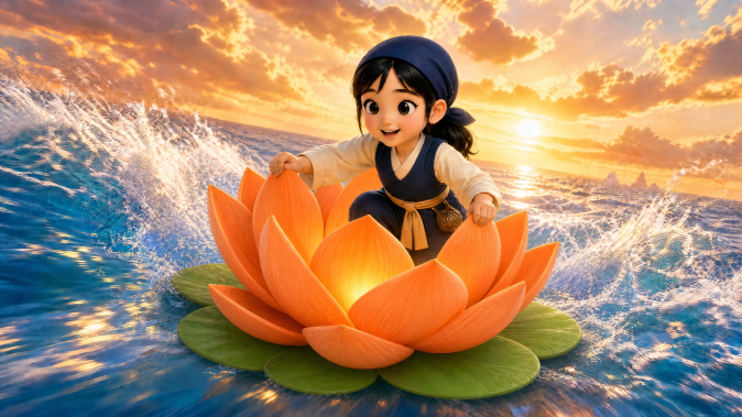 The lotus blooming upon the waves symbolizes the courage Mangsary earns through diving — a key scene reimagining Jeju's sunset and sea in a fantasy register.
