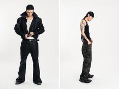 Vlare Pants in Black Coating (left) and Camo (right, worn by designer Jo Yehun)