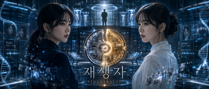 Detailed concept image for REGENERATOR, featuring twins Yuni and Jenny, each carrying one half of a divided memory chip, and visualizing the hidden truth of memory and regenerative technology that is revealed when the two halves are reunited.