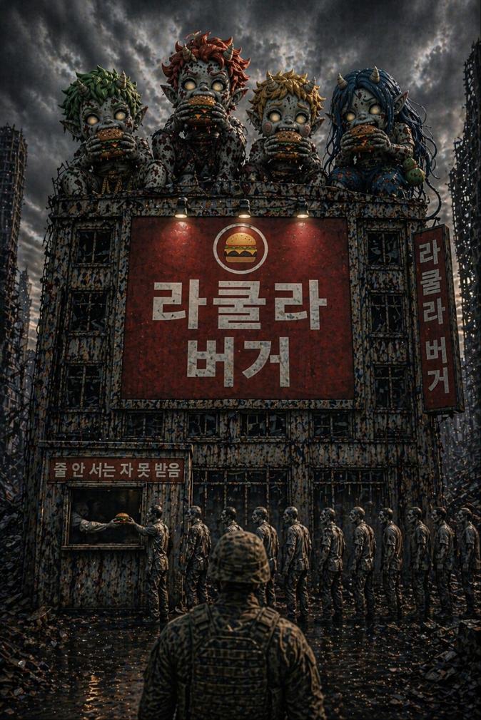 Racoolas lining up to eat Racoola Burgers instead of humans, even in a post-apocalyptic world.