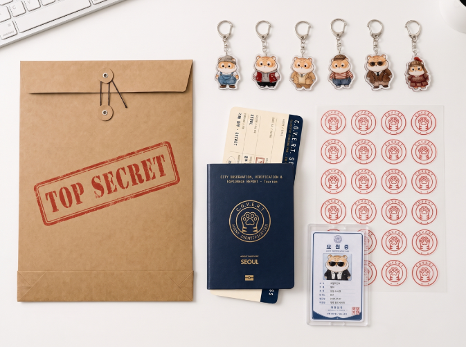 An image showing all the items included in one “Bummy Stamp Tour” set: a passport booklet, stamp-style stickers, a boarding pass ticket, an agent ID card, a keychain, and packaging.