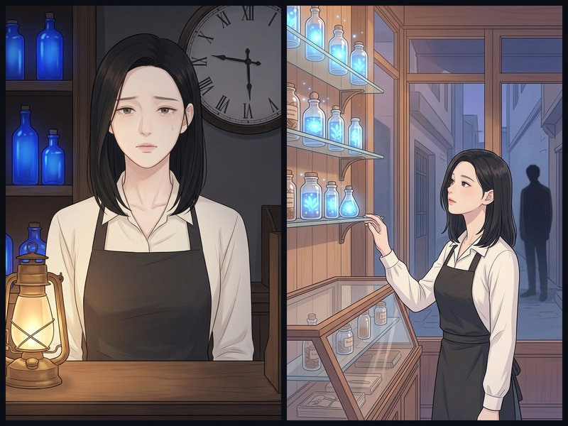 Scenes from "Memory Shop" — memory-filled glass bottles and a customer visiting the shop