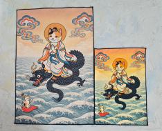 Two fabric posters featuring the Myobul Rider character IP