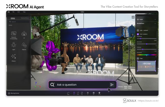 It is an experiential interactive XR production solution that effectively delivers ideas, messages, and brand values for creators, performance artists, live commerce sellers, and lecturers through real-time 3D visual storytelling using 'X Room'.