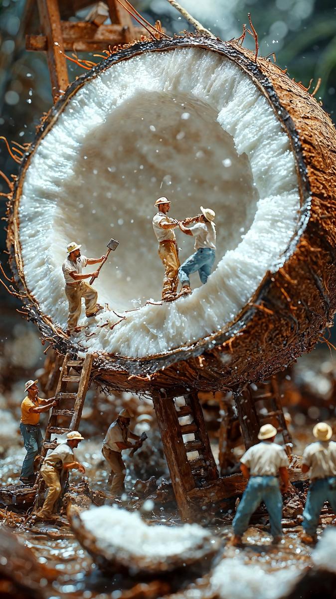 Miniature workers harvesting a coconut from the human world
