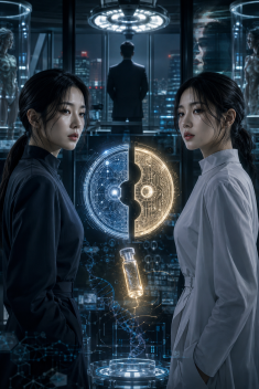 Promotional image for REGENERATOR, featuring twins Yuni and Jenny, each carrying one half of a divided memory chip, symbolizing the hidden truth that can only be revealed when the two halves are reunited.