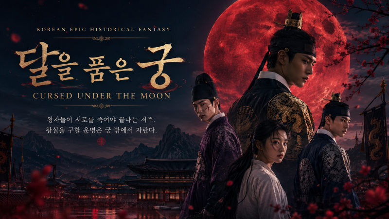 Promotional key art for Cursed Under the Moon, featuring its main characters, a blood-red moon, and a Joseon palace to visualize the royal curse and conflicts of fate at the heart of the historical fantasy.