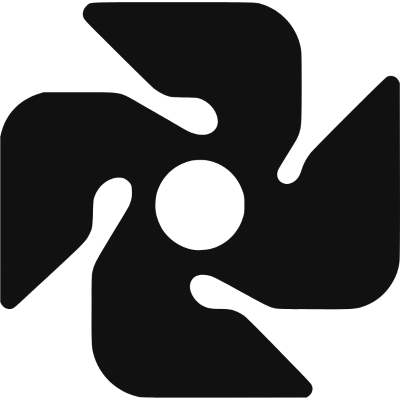 A black pinwheel symbol. Four blades lock around a centre and keep the same shape at every 90-degree turn, carrying the brand's idea, Twisted the plot: turn the Z on its side and it becomes N; the object stays the same, only the point of view changes.