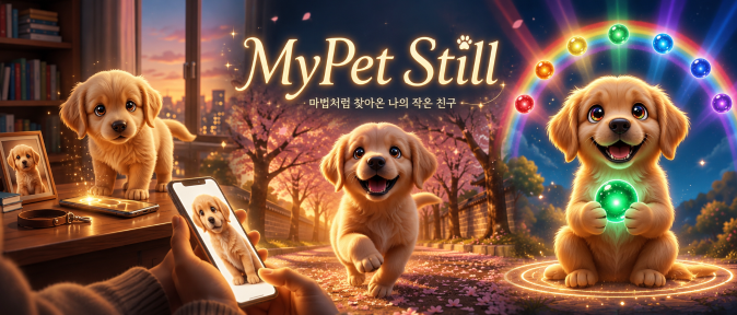 Screenshot for the 'My Pet Still' game showing a phone capturing a puppy photo, which transforms into a glowing, necklace-wearing character in a magical fantasy setting.