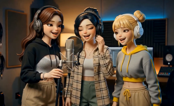 A studio recording session of the AI virtual idol group "New EVE," where 3D animated characters meet a real K-POP music production pipeline.