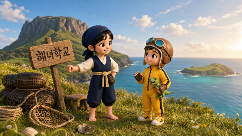 The Haenyeo School entrance scene, set against Seongsan's oreum and coastline — where the children's story of inheriting Jeju's diving tradition begins.