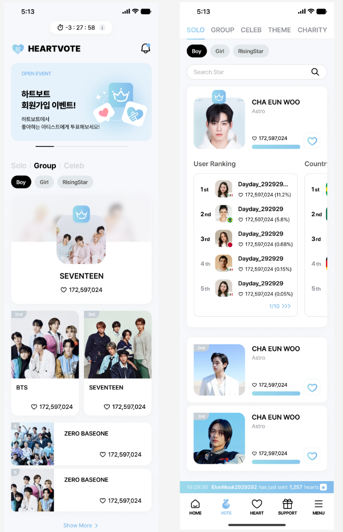 This screen is an example of the HEARTVOTE app, showcasing the voting feature where fans can send hearts to their artists. 