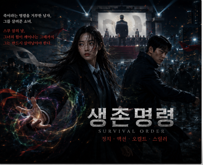Detailed promotional image for Survival Order, featuring Noh Kang-san, who defies an order to kill Iryeong and saves her, and Iryeong, a young woman with mysterious shamanic powers, as they face political pursuit against the backdrop of a presidential inauguration.