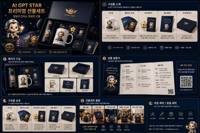 Detailed presentation image of the AI GPT STAR Premium Gift Set. This premium package features AI-based 3D character IP and includes a character mug, Healing Card Set, USB Package, product guide, and premium gift box. The image highlights the package contents, product information, user guide, and customization services, making it suitable for corporate gifts, museum merchandise, school souvenirs, commemorative gifts, and licensing products.