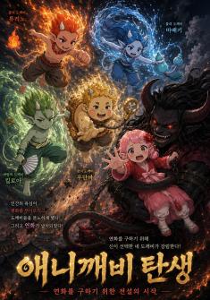 Representative image of The Birth of Aniggaebi, featuring Yeonhwa, a girl kidnapped by goblins, and the Aniggaebi with the powers of fire, water, wind, and earth.