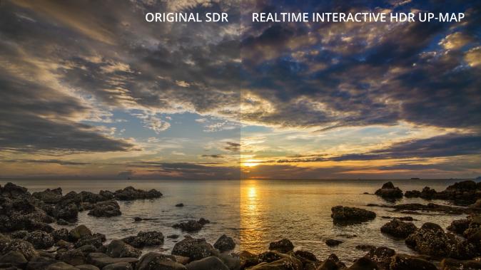 ide-by-side comparison of original SDR (left) and HDR Up-Map real-time conversion (right), showing expanded highlights and richer tonal gradation.