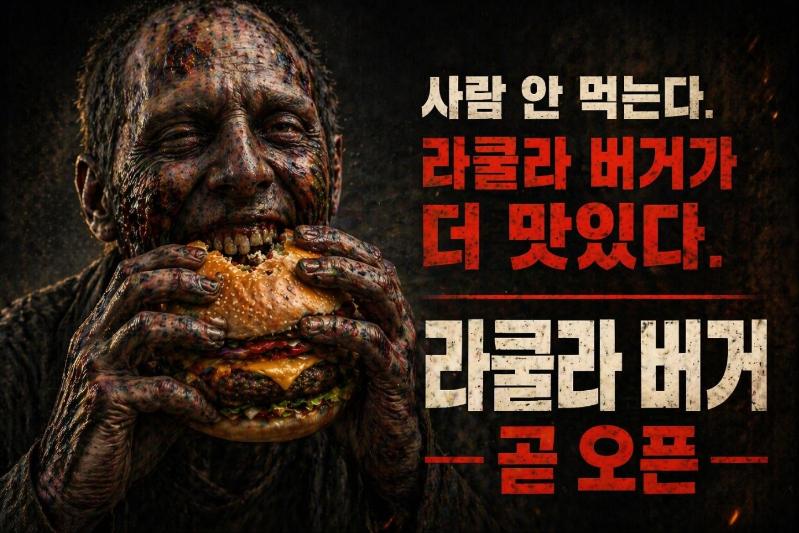 A representative scene showing a Racoola choosing a Racoola Burger over humans, delivering the message, "We don't eat people. Racoola Burgers taste better."