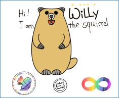 It is the first page of "Willy, the squirrel.' episode. The logo of Colorful Brain Friend, watermark, neurodiversity infinity logo are also presented.