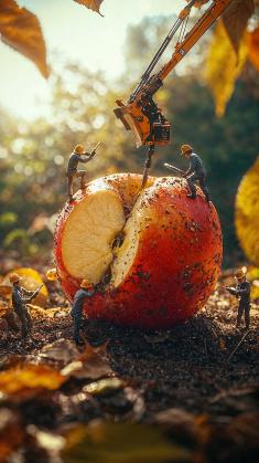 Mini Republic workers harvesting a giant apple (from their miniature perspective)