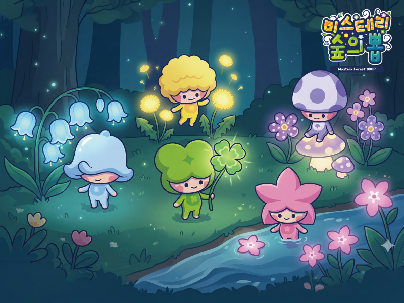 An episode scene of the BBOPs exploring the glowing, magical 'Mystery Forest' deep in the night to find special materials to solve human problems.