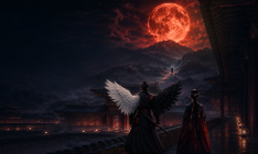 Promotional image for Cursed Under the Moon, featuring Dongi with white and black wings beneath a blood-red moon over a Joseon palace, symbolizing the royal curse and his path between good and evil.