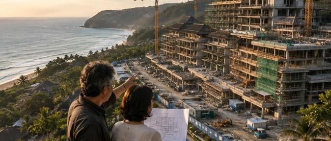 A scene of Woojin inspecting a 220-room hotel construction project in Bali. It represents his ambition, resilience, and determination to rebuild his business and pursue new opportunities overseas.