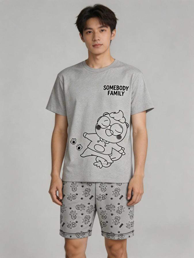 A professional lookbook visual featuring models wearing our premium pajama (homewear) line, created with 'Somebody Family' signature character patterns and sophisticated color palettes. This image demonstrates the high-end commercial viability of our IP, showing how seamlessly our creative digital artworks transition into trendy consumer lifestyle merchandise. With global-standard product quality and packaging development already complete, this asset serves as an essential physical pitching reference to secure immediate, high-value B2B licensing contracts with international buyers and retail partners at the exhibition.