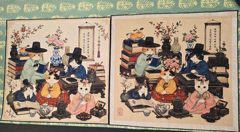 Original Myohan Library textile designs developed in bordered and borderless versions and applied to various fabric materials.