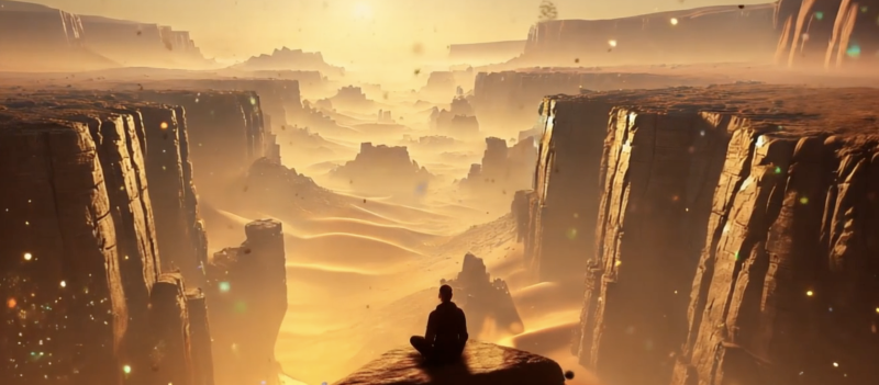 Final moment of the "Compassion Meditation" session. The user sits calmly before a vast golden canyon, enveloped in shimmering light particles. This powerful visual represents the expansion of inner compassion and the emotional release that concludes the healing experience. It is one of the most immersive and introspective moments in the Dimension journey.