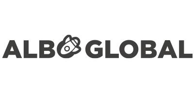 The ALBO GLOBAL logo combines a clean wordmark with an icon inspired by a falling spaceship motif that represents the ALBO universe, expressing both the brand’s character-IP identity and its approachable character image as a global brand.