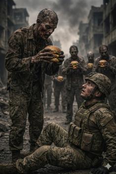 Representative image of Racoola, showing a zombie choosing a Racoola Burger instead of a human.