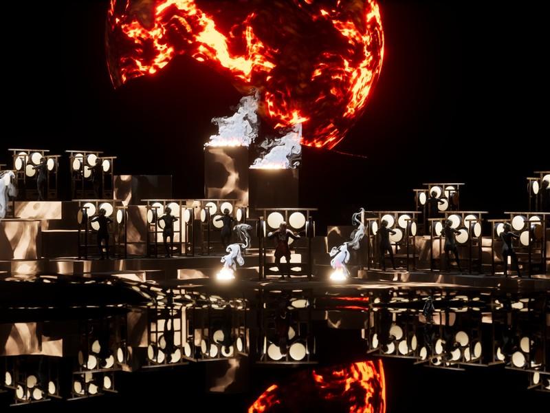 A metaverse mythological space guided by the AI NPC Simbang — taeguk lanterns and ritual fire pillars transform in real time based on audience emotions