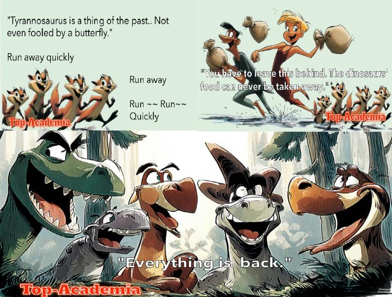 A scene where the squirrel thieves get caught stealing and run away, and the dinosaurs are happy to get back what they stole