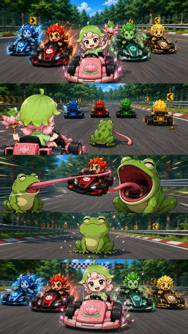 Gameplay image of Aniggaebi characters competing in an item race while using various in-game items.