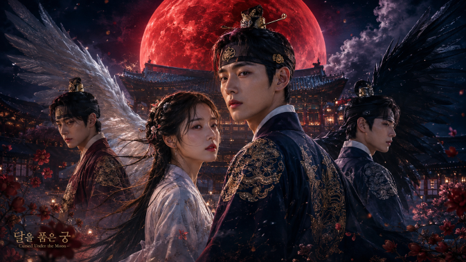 Adaptation concept image for Cursed Under the Moon, featuring its main characters beneath a blood-red moon over a Joseon palace, with white and black wings symbolizing Dongi’s dual nature and the royal curse.