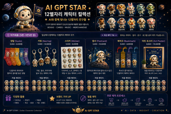 AI GPT STAR 12 Zodiac Character Collection Catalog. A promotional catalog showcasing AI-based 3D character IP, including socks, keyrings, stickers, postcards, bookmarks, art posters, and customized merchandise solutions.