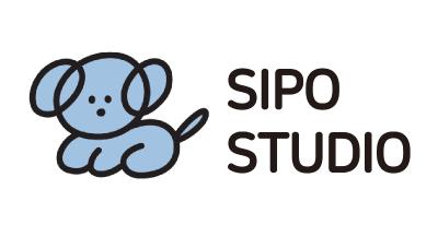 A dog-shaped logo designed with circular forms and soft curves.
