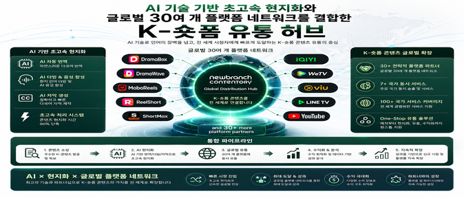 An integrated K-short-form distribution pipeline combining AI-powered hyper-fast localization with a global network of 30+ platforms.