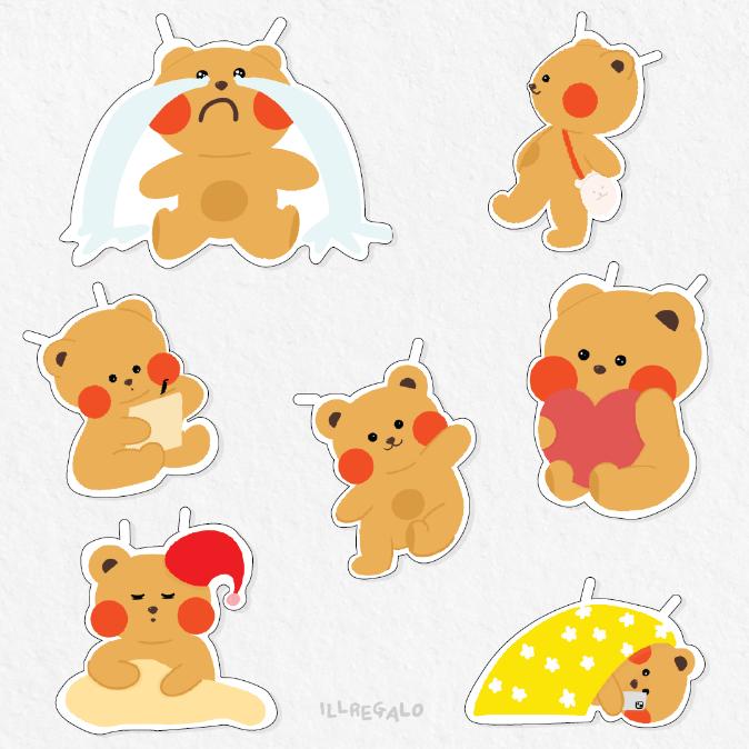 A sticker set showing Illrebear's everyday emotions and moments — crying with tears streaming down, cozily lying under a blanket, heading out excitedly with a crossbody bag, dozing off in a pajama hat, diligently writing in a notebook, holding up a heart, and waving hello with a big smile. Meet Illrebear's full range of everyday feelings, from tears to joy.